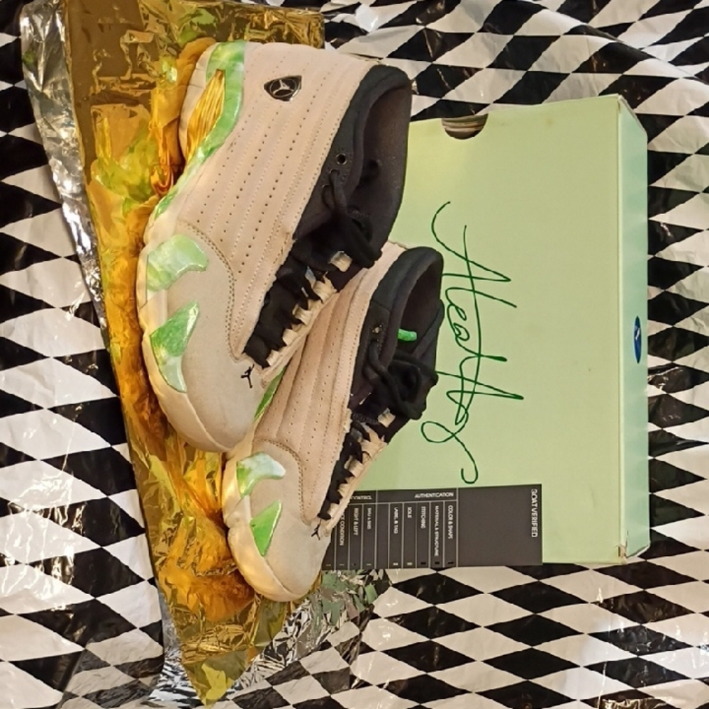 Jordan Athletic Shoes in Cream and Black with Green Highlights